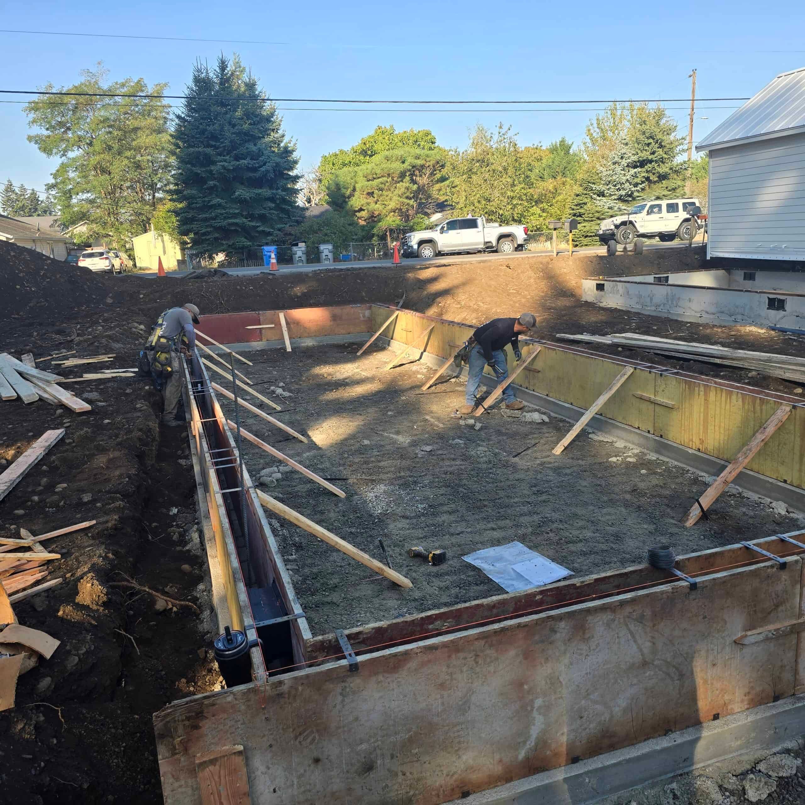 A concrete stem-wall foundation being prepped for the pour