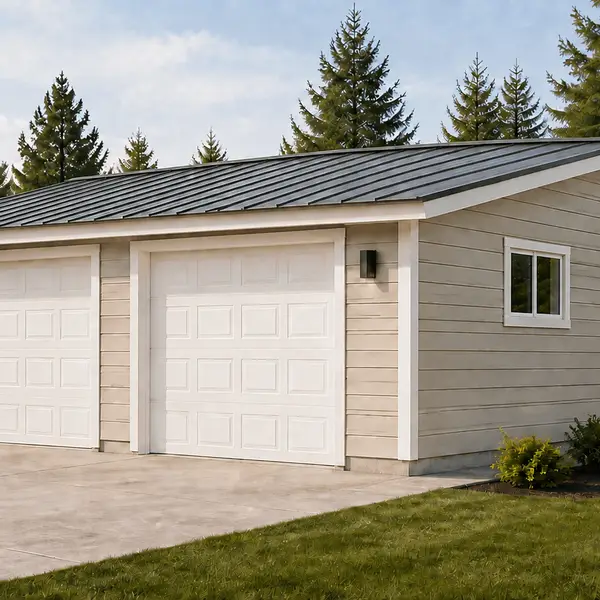 Rendering of a 24 x 24 Wolf garage with lap siding, a shallow standing-seam roof, and two residential garage doors