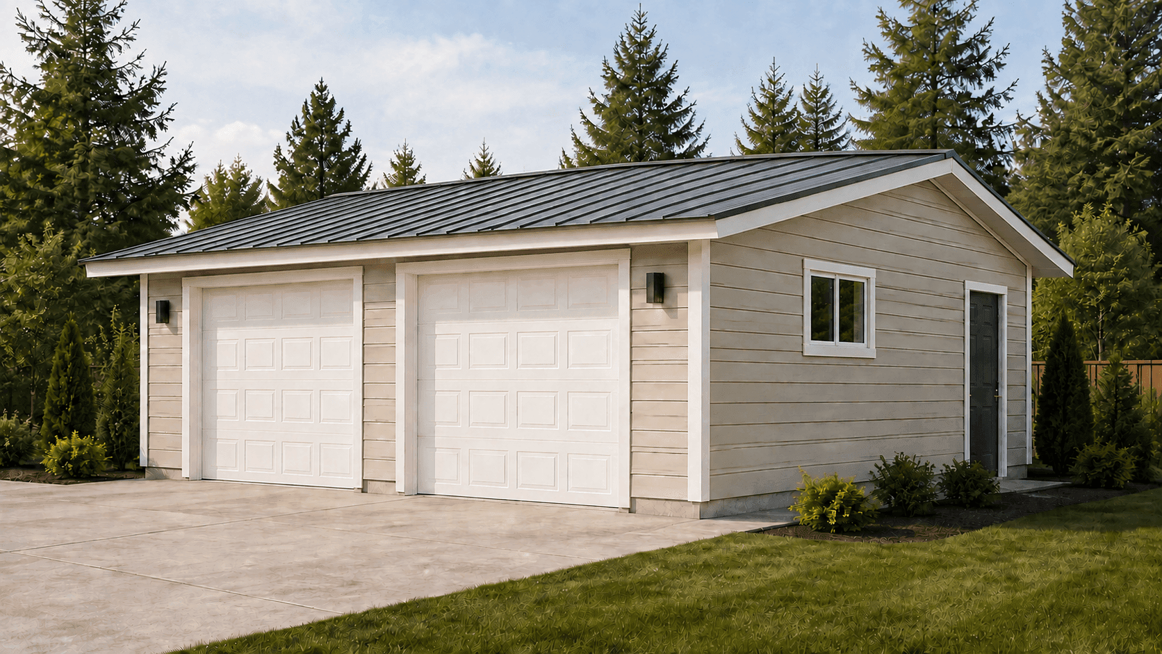 3D rendering of the 24 x 24 Wolf factory-built modular garage with two overhead garage doors and a gable roof