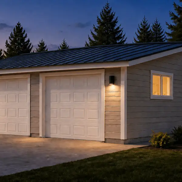 Rendering of the 24 x 24 Wolf garage exterior at dusk