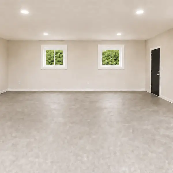 Rendering of the finished garage interior facing the rear wall and two 3 x 3 windows