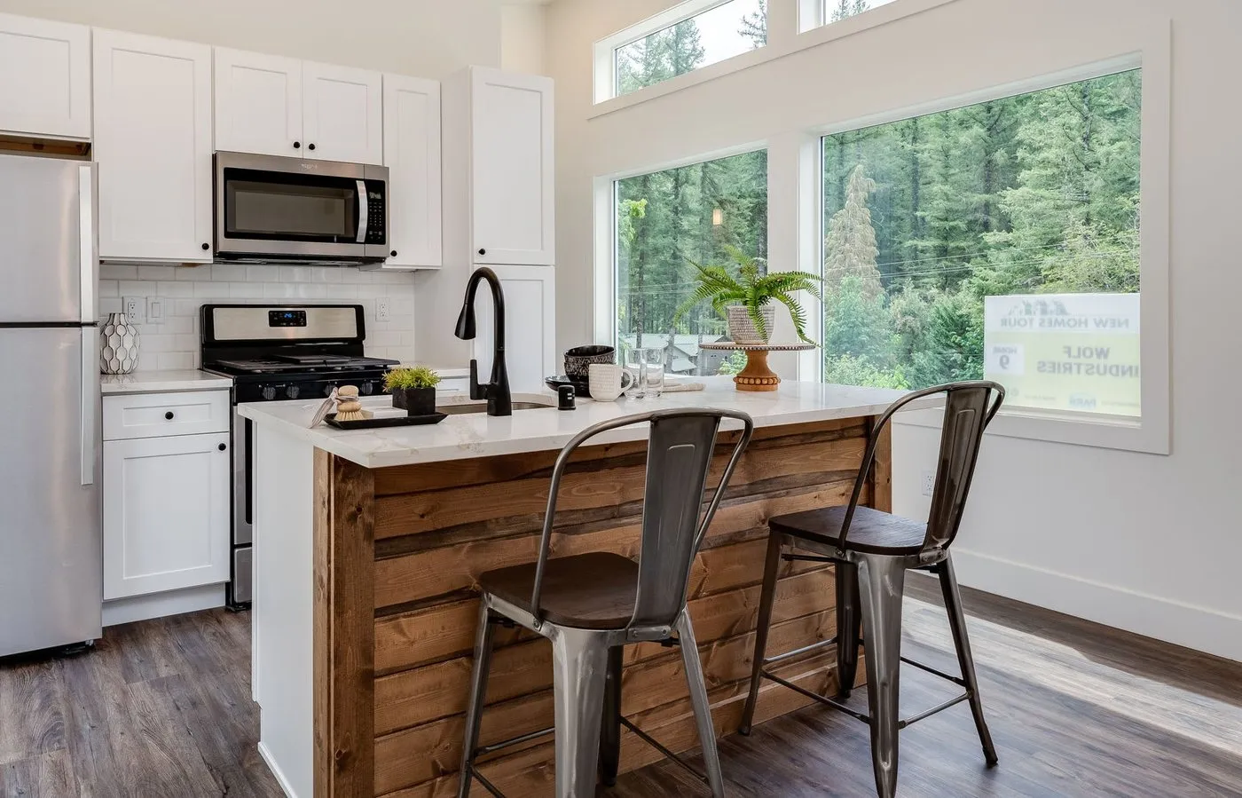 Wood kitchen island with stools