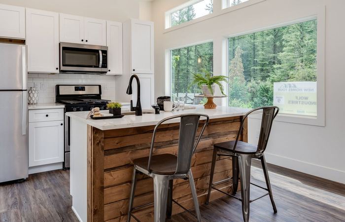 Wood kitchen island with stools