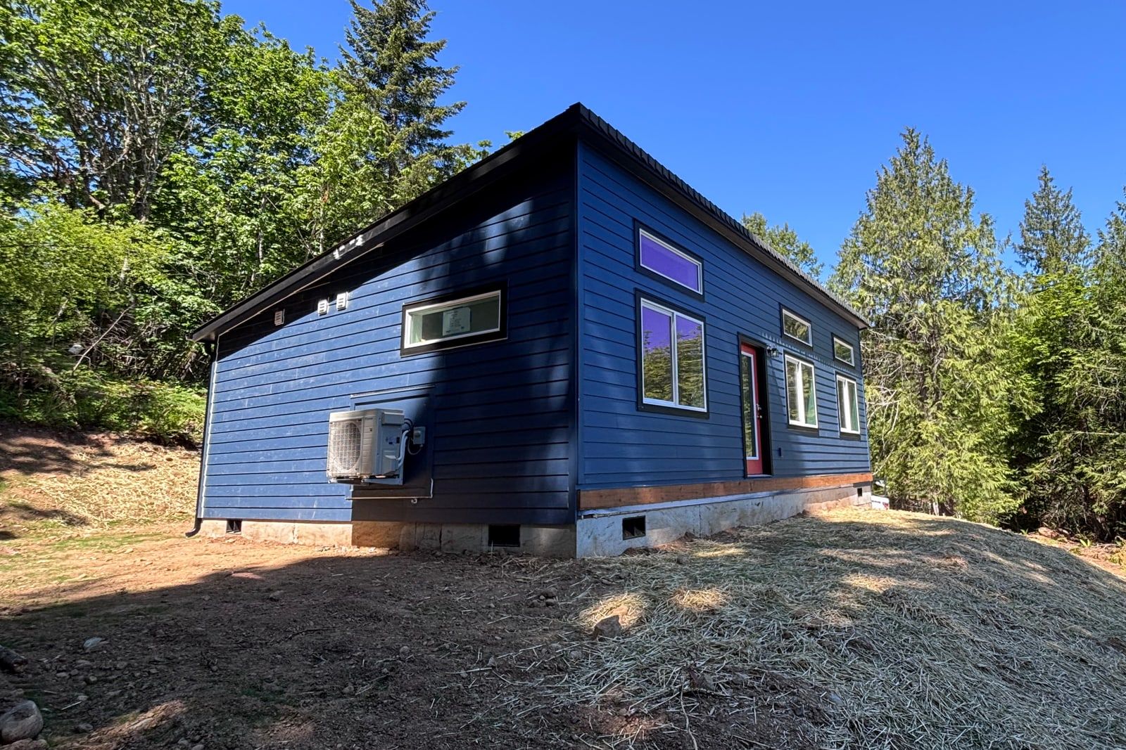 Navy Wolf Model J with a shed roof, tall windows, and a coral-colored door on a wooded hillside