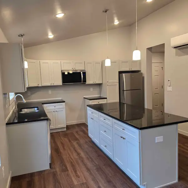 Kitchen with white Shaker cabinets, black counters, and a long island in a Wolf Model L