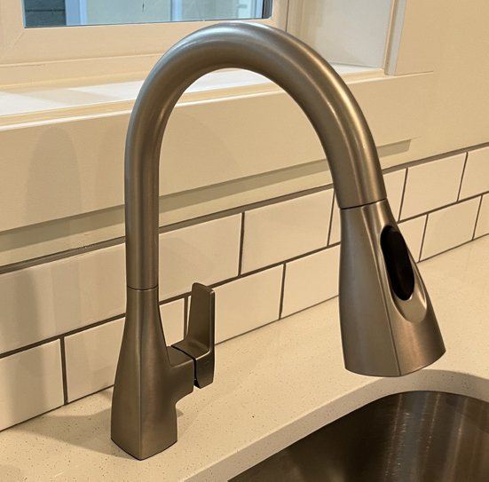 Brushed-nickel pull-down faucet
