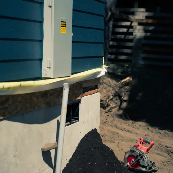 Blue siding and an electrical panel at the concrete foundation, with a saw on the dirt