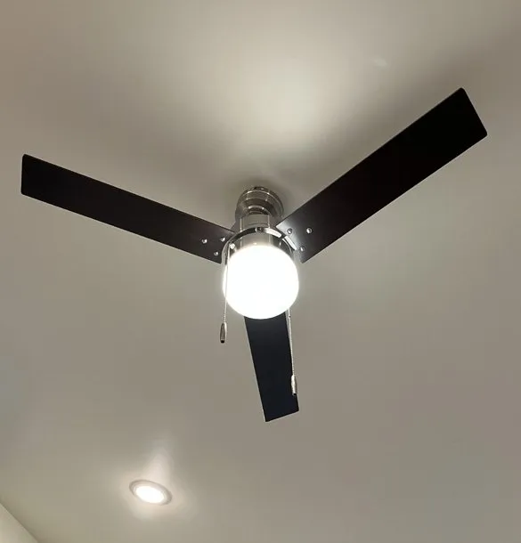 White ceiling with a black ceiling fan