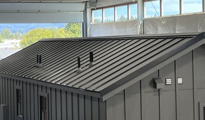 Dark standing-seam metal roof on a Wolf home