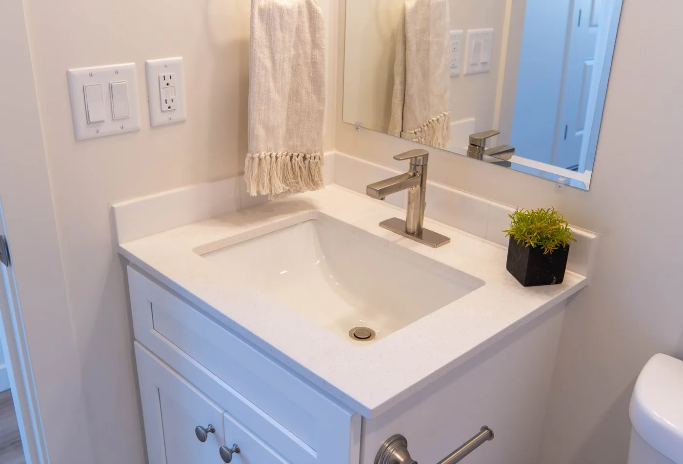 White Shaker vanity with a white top