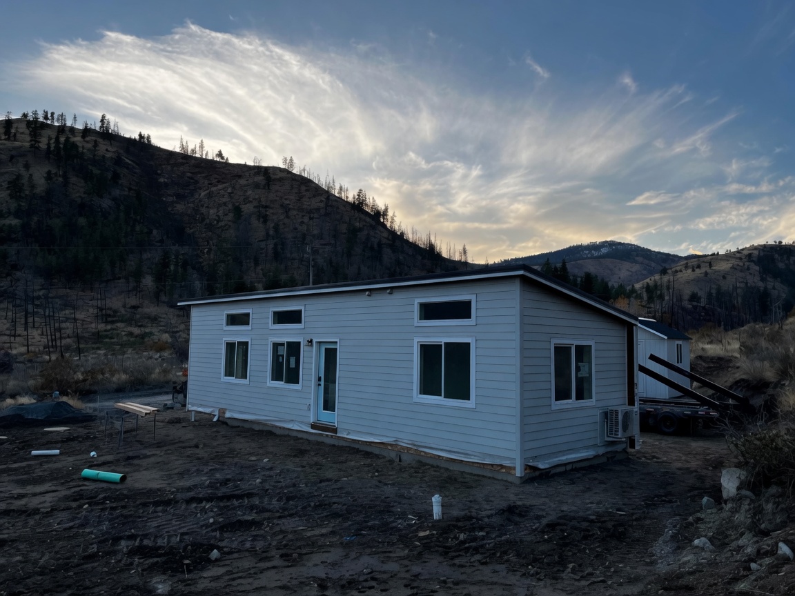 Grey and white Wolf Model E home with transom windows.