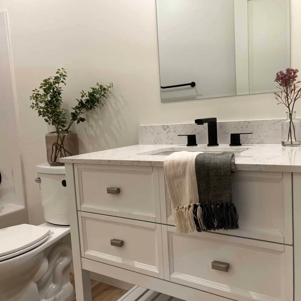 Upgraded vanity in the bathroom of a Wolf Model E ADU