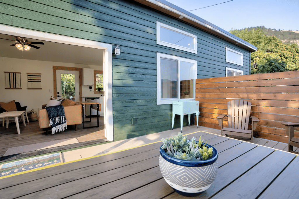 Looking into a Portland modular ADU with french doors from the porch
