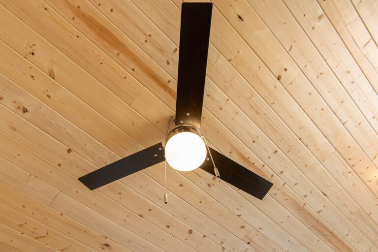 Black ceiling fan with a globe light on a wood-plank ceiling in a Wolf Model K home.