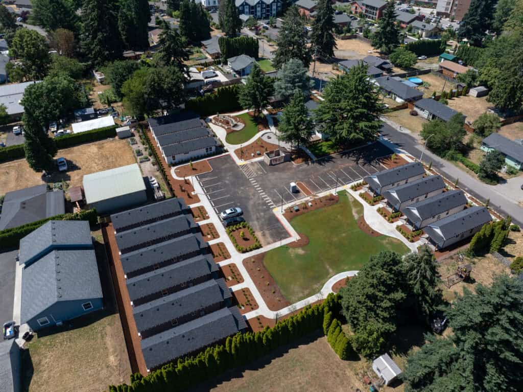 Aerial view of the newly finished Ogden District Cottages