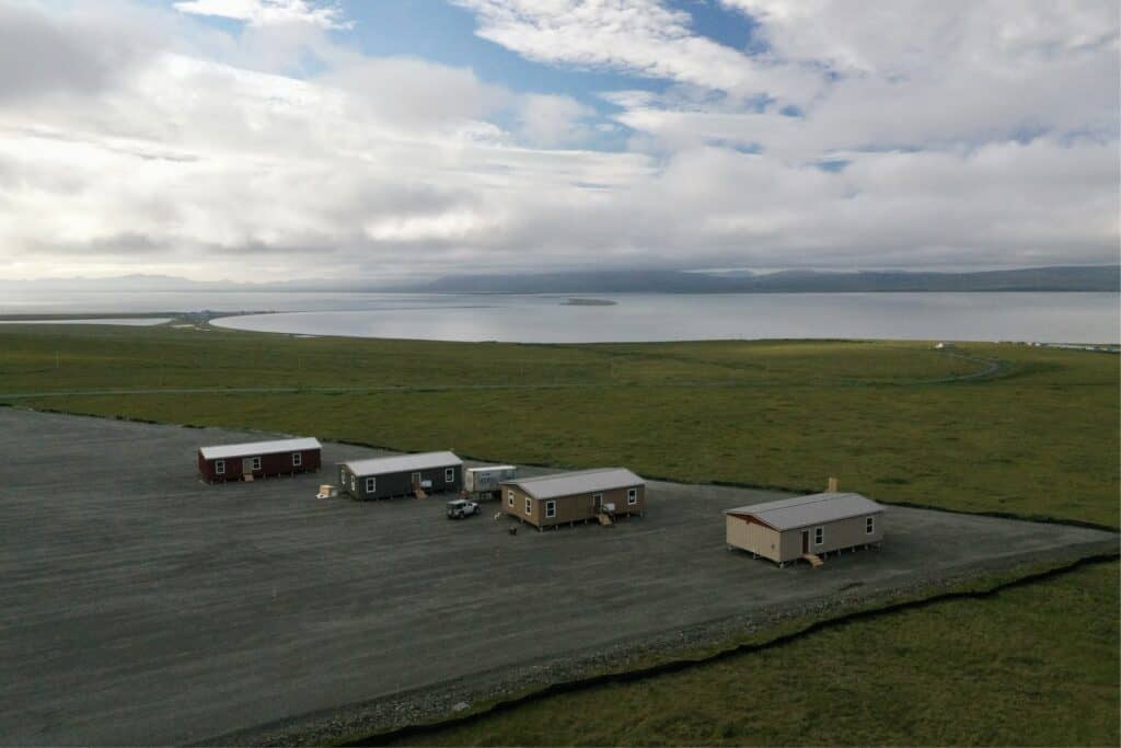 Drone view of modular homes in rural alaska.